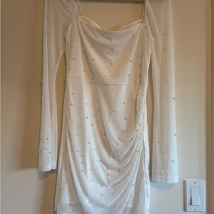Lulu’s Flirty Luxury Ivory Mesh Pearl Long Sleeve Mini Dress